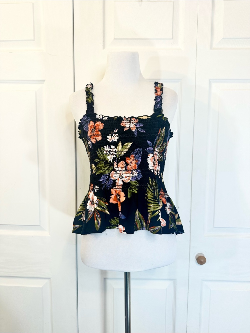 Patrons of Peace Black Floral Smocked Tank Top